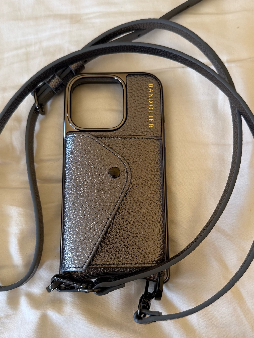 Bandolier Metallic Gray Leather Crossbody Phone Case with Gold Logo Accent